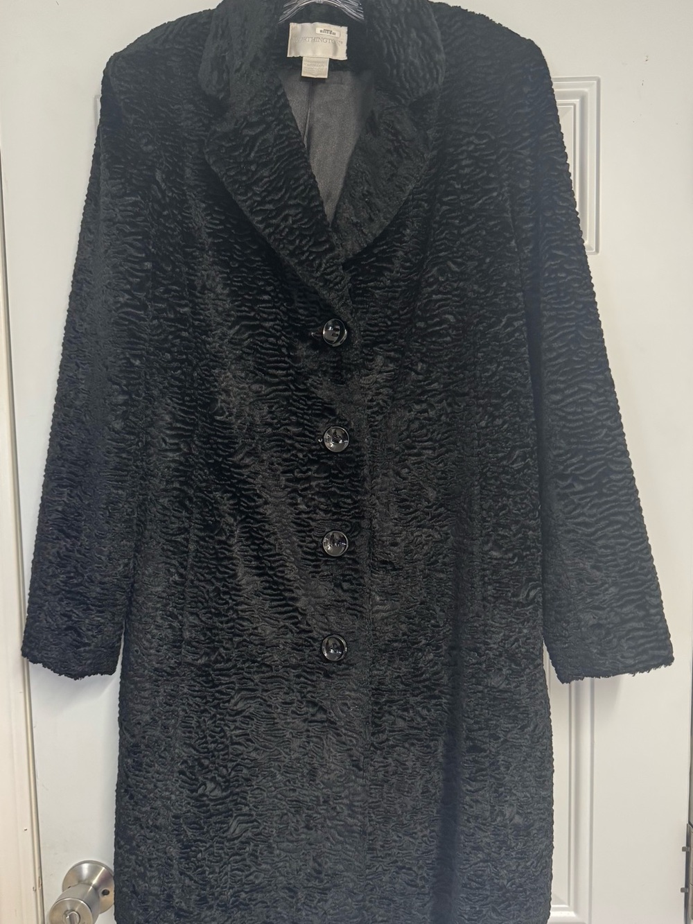 Worthington Black Textured Faux Fur Trench Coat with Notched Collar